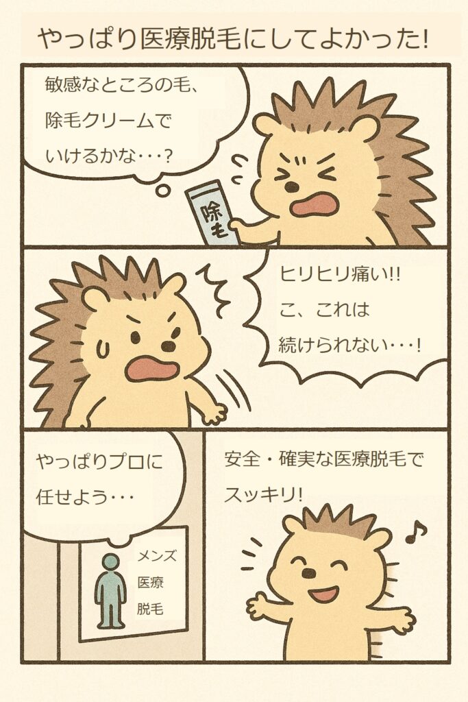 医療脱毛マンガ
「やっぱり医療脱毛にしてよかった!」
敏感なところの毛、 除毛クリームでいけるかな･･･?
ヒリヒリ痛い!! こ、これは続けられない･･･!
やっぱりプロに任せよう･･･
安全・確実な医療脱毛でスッキリ!
メンズ医療脱毛