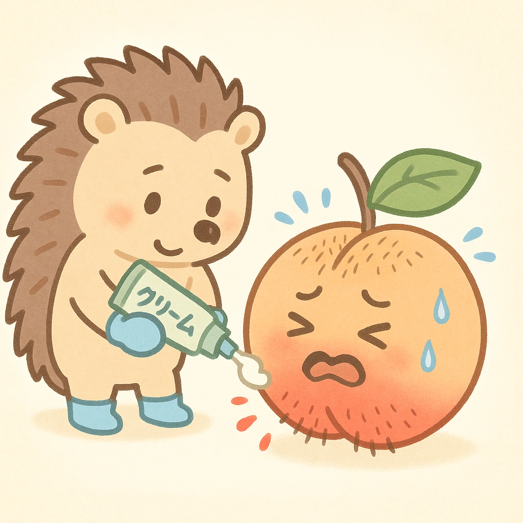 除毛クリームで痛がっている桃のイラスト
