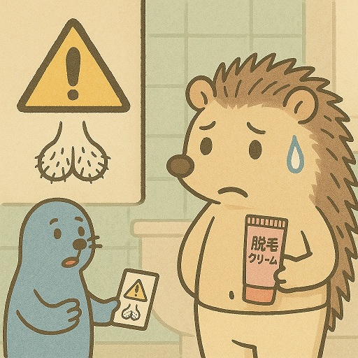 ハリオくん（ハリネズミ）が脱毛クリームを手に不安げな表情で立ち、ツルオくん（青いアザラシ）が注意マニュアルを示すユーモラスなイラスト。背景はバスルーム、警告マークと陰嚢のイラストでデリケートゾーンの注意を表現。
