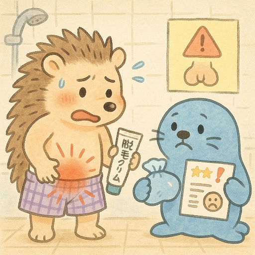 ハリオくん(ハリネズミ)が除毛クリーム使用後の痛みに顔をしかめ、お腹には赤い腫れ表現。ツルオくん(青いアザラシ)が氷嚢と星2つのクチコミシートを手に心配そうに見守るユーモラスなイラスト。背景はバスルームで警告サイン付き。