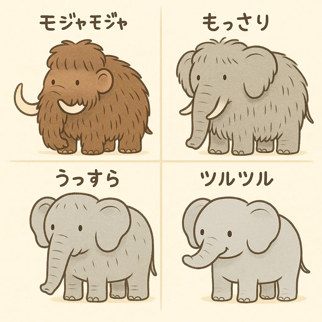 陰嚢・竿の毛量を4段階で表したイラスト。左上：全身もじゃもじゃのマンモス、右上：中程度の毛が残る象、左下：産毛程度の象、右下：完全ツルツルの象。